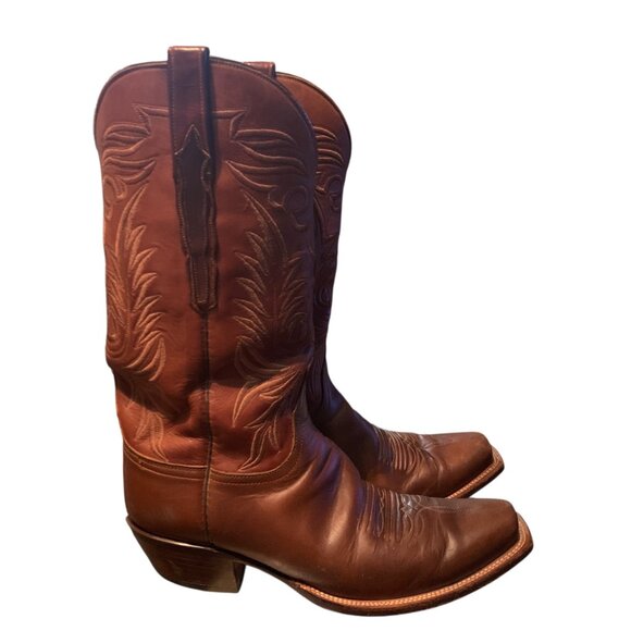 Lucchese Handmade Brown Leather Cowboy Boots Square Toe Mens Sz 10 USA - Picture 4 of 13